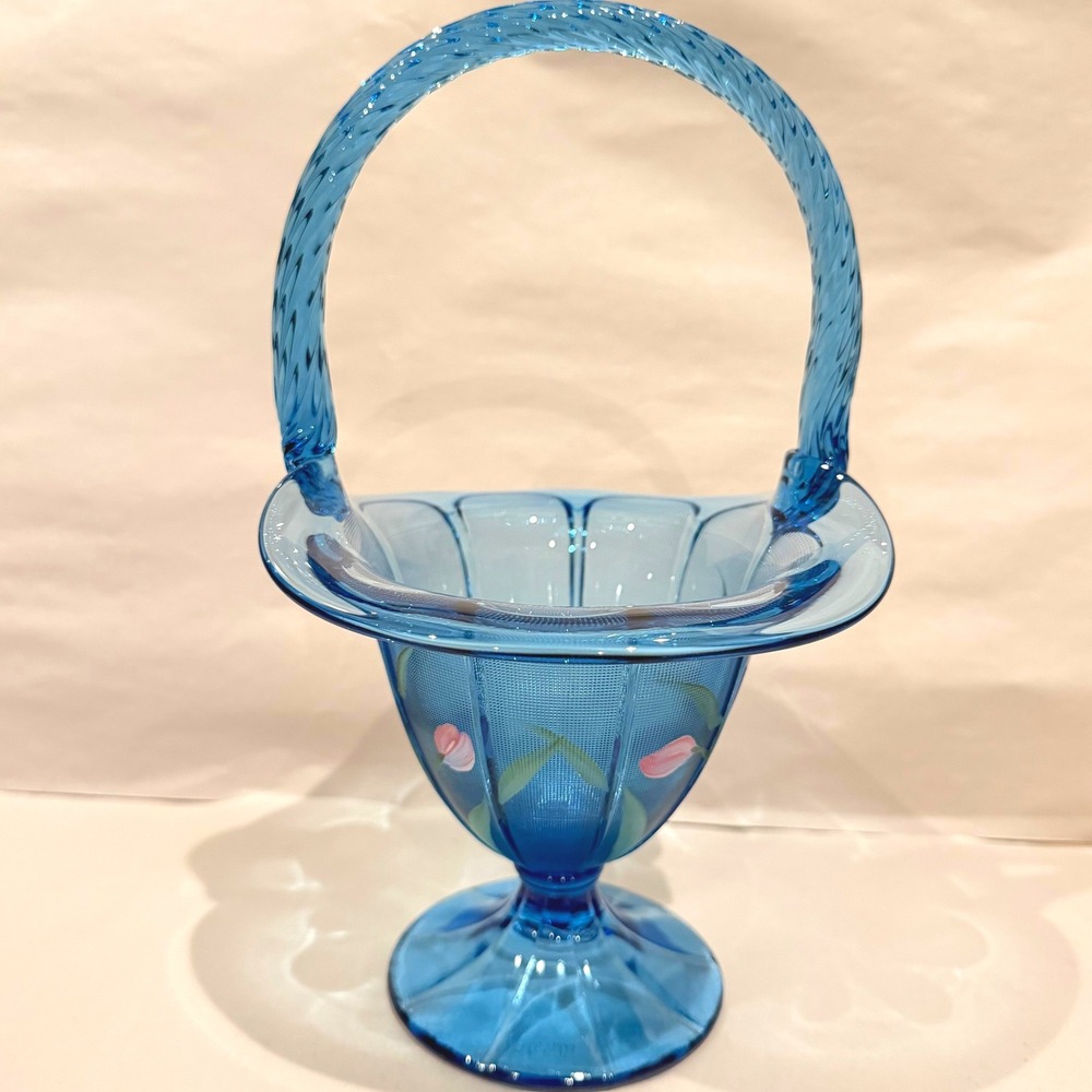Fenton Twilight Blue UV Reactive Basket Hand Painted Tulips Signed C Griffiths